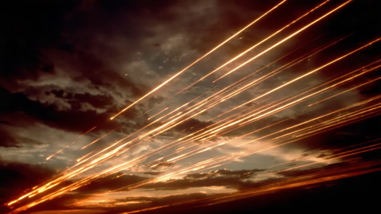 A mesmerizing spectacle of vibrant streaks illuminating the sky with brilliant light, depicting the stunning beauty and energy of nature's fireworks at twilight