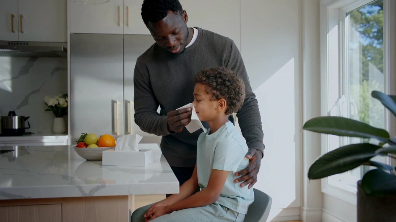 Reaching for tissue box, father in dark sweatshirt dabbing son's nose at kitchen island, comforting