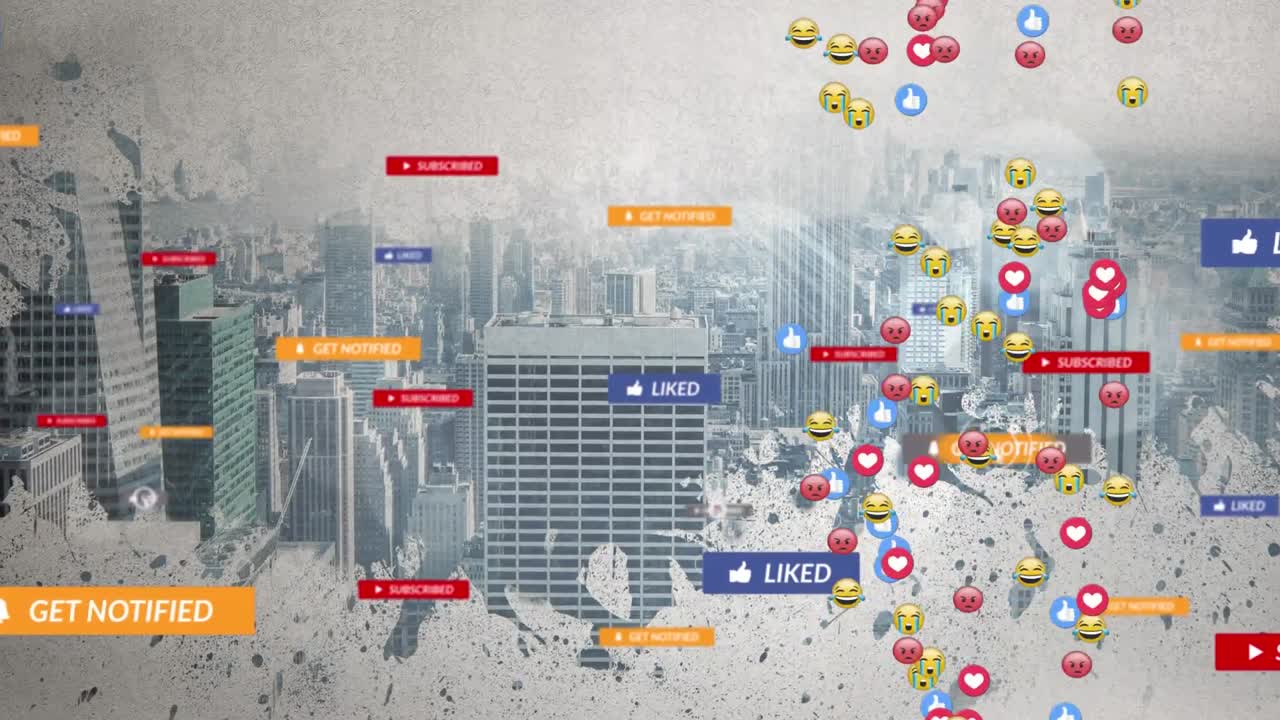 도시 풍경 위에 떨어지는 소셜 미디어 아이콘과 이모티콘의 애니메이션
