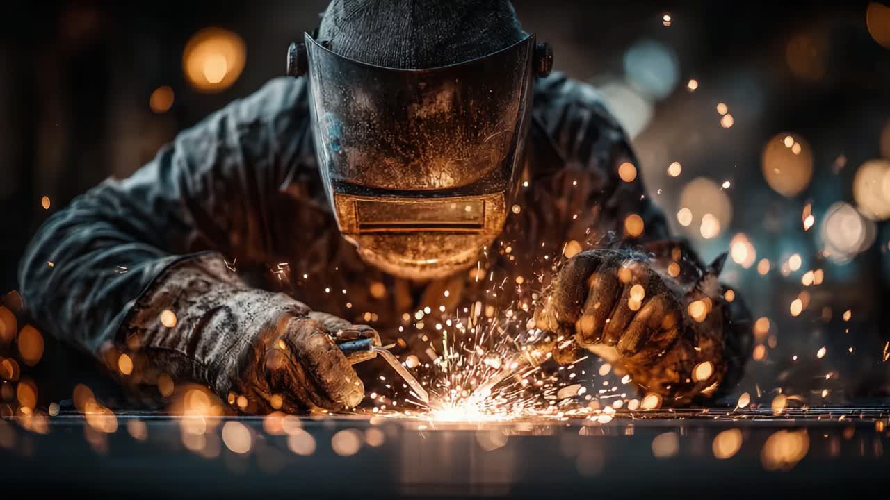 A Skilled Welder Innovatively Crafts Metal Structures Amidst a Sparkling Display of Light and Energy, Showcasing Expert Techniques in the Art of Welding