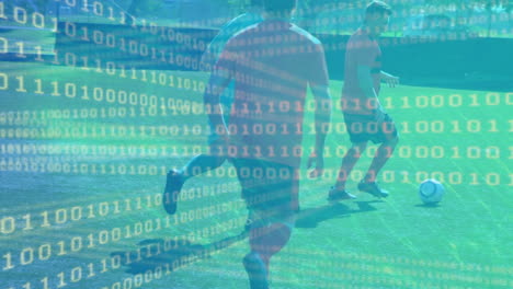 animación de codificación binaria sobre diversos jugadores de fútbol masculino que juegan en el estadio