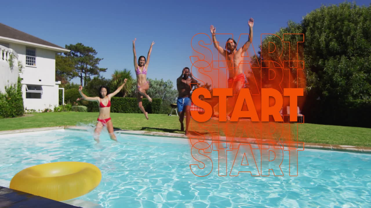 People jumping into pool with START text animation over clear blue water