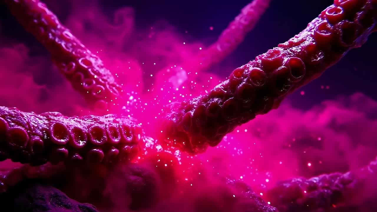 A close up of a pink octopus tentacles in the dark