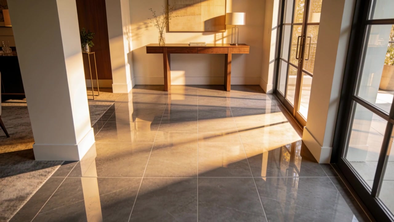 Shifting sunlight across glossy foyer tiles from glass doors, casting table reflection as sun moves