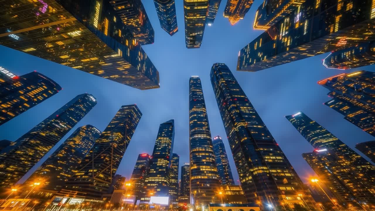 Low Angle View of Illuminated Skyscrapers at Night