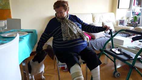 mujer anciana herida con su bulldog francés en casa