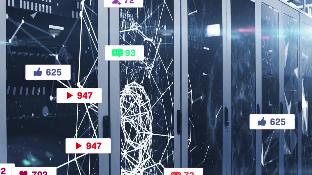 소셜 미디어 아이콘과 숫자 및 컴퓨터 서버를 통해 연결 네트워크의 애니메이션