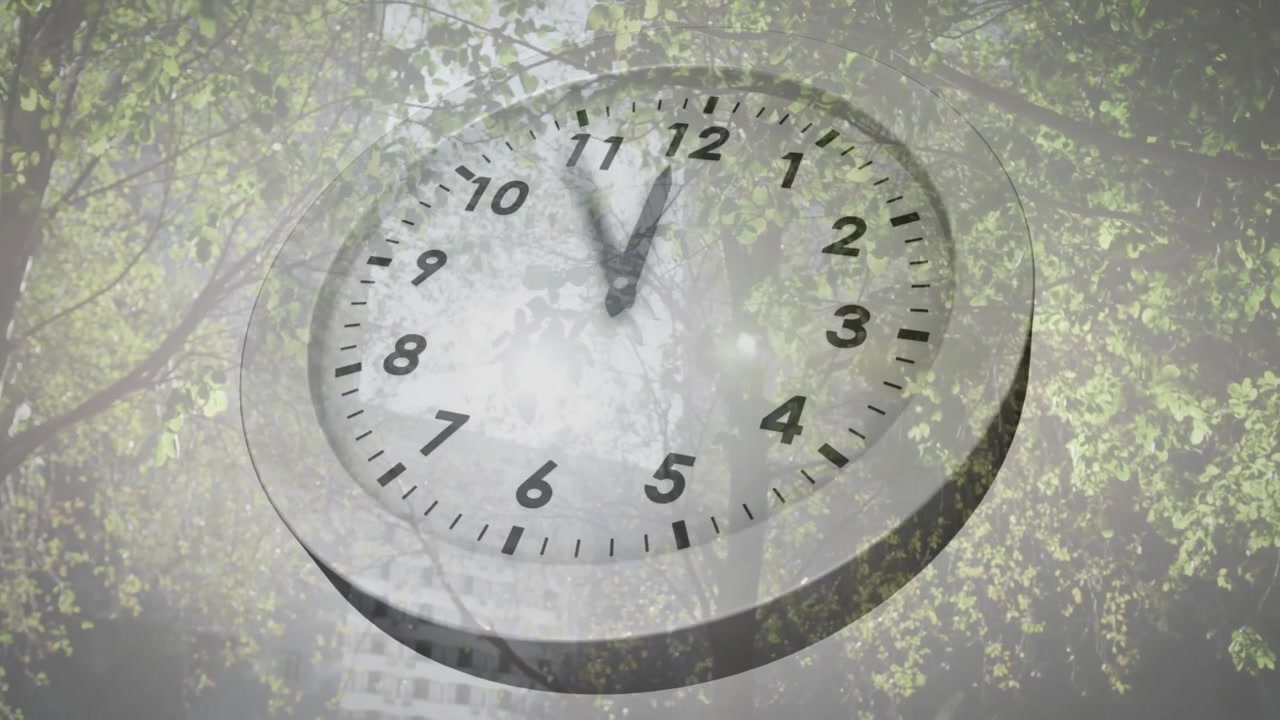 Orologio 3D fluttuante in mezzo a una chioma frondosa che inizia a ruotare mentre le lancette ticchettano mostrando il progredire del tempo.