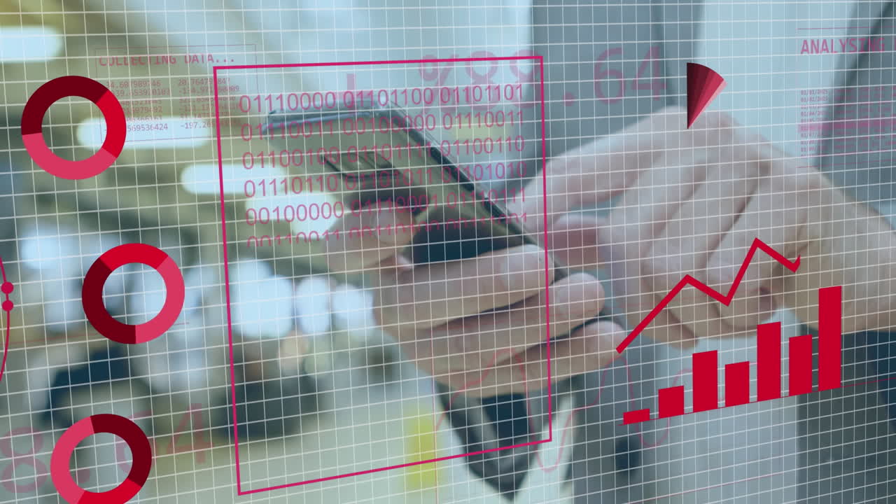 스마트폰을 사용하는 백인 남성의 중간 부분에 대한 지구, 그래프, 이진 코드의 애니메이션