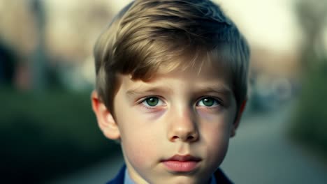 close up portrait captures a young boy with a mix of hope and sadness in his green eyes. pensive and thoughtful, his expression reflects deep emotions of childhood innocence and loneliness