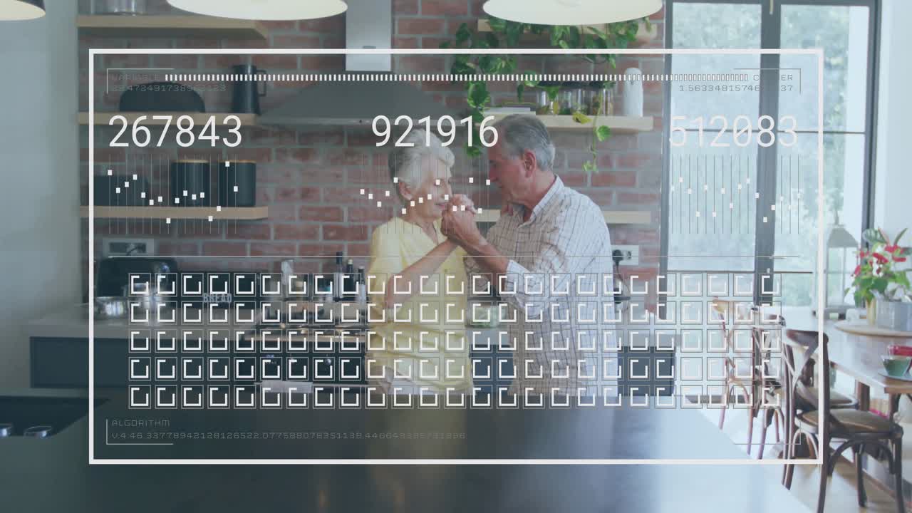 senior couple dancing in modern kitchen, displaying floating bar graphs and technology interface