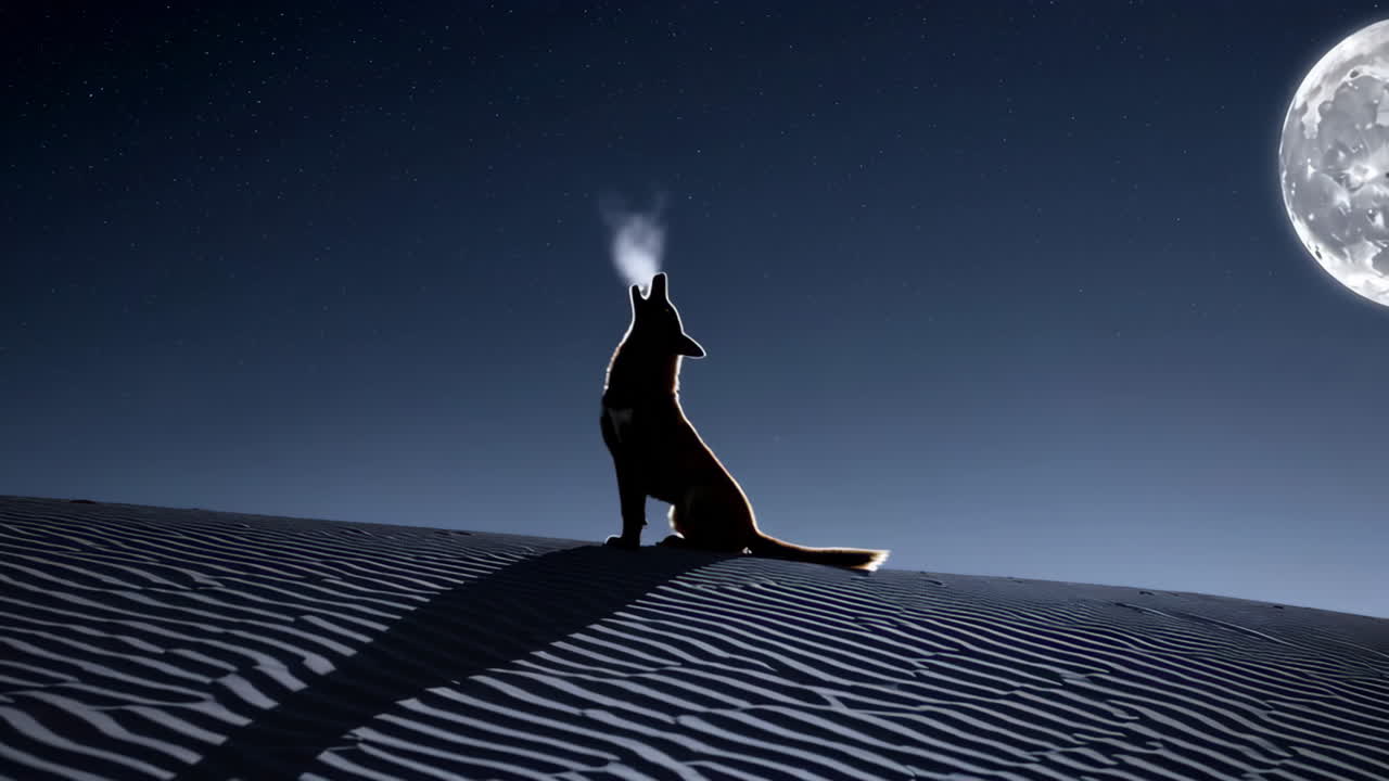 Lone Wolf Howling at the Moon in the Desert