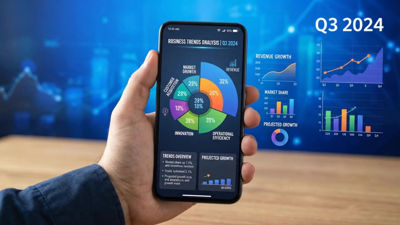 Person holder mobiltelefon, der viser farverig præsentation af forretningsanalyse med cirkeldiagram