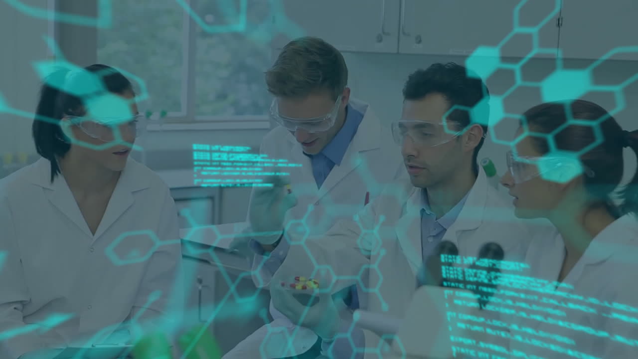 discusión de datos de investigación, científicos con animación de la estructura molecular en un entorno de laboratorio