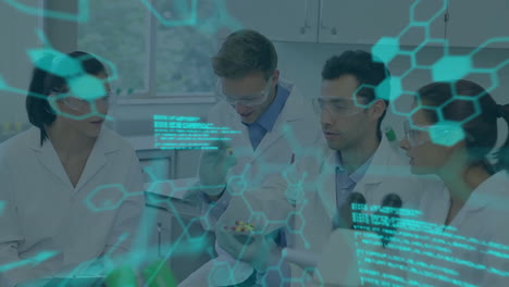 discussing research data, scientists with molecular structure animation in laboratory setting