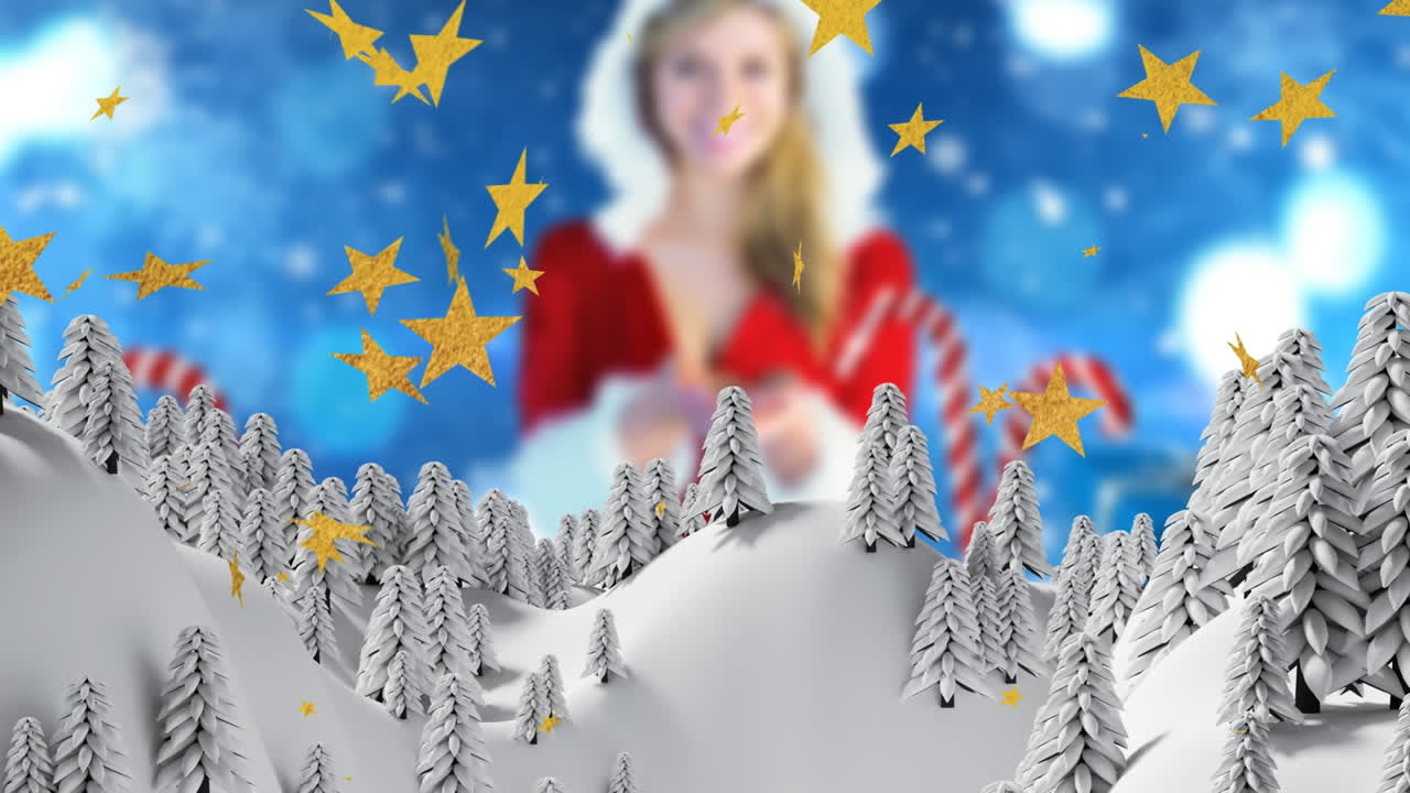 animación de estrellas cayendo sobre el paisaje de invierno y mujer caucásica en disfraz de santa claus.