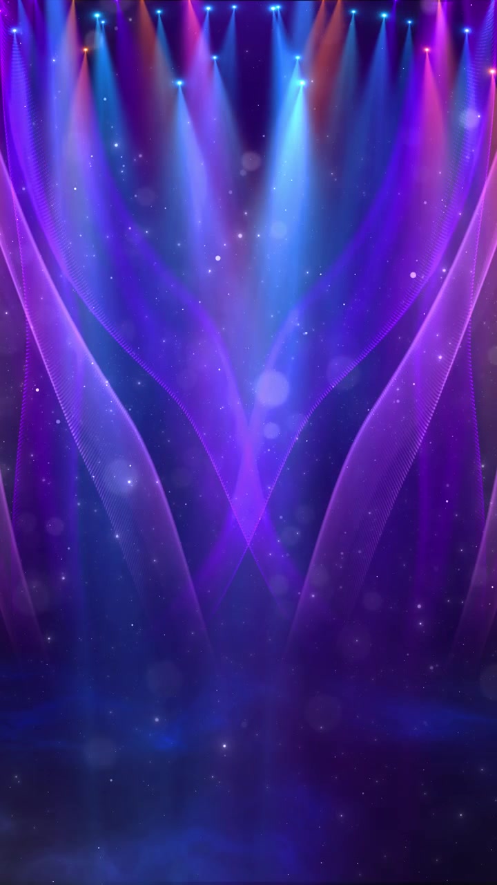Purple blue stage light background colorful spotlights soft wave ribbons glowing particles concert