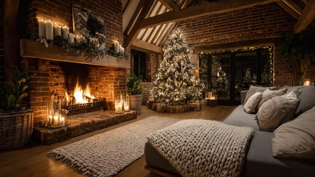 A Cozy, Festive Living Room Scene with a Glowing Fireplace and Beautifully Decorated Christmas Tree, Perfectly Capturing the Warmth of the Holiday Season