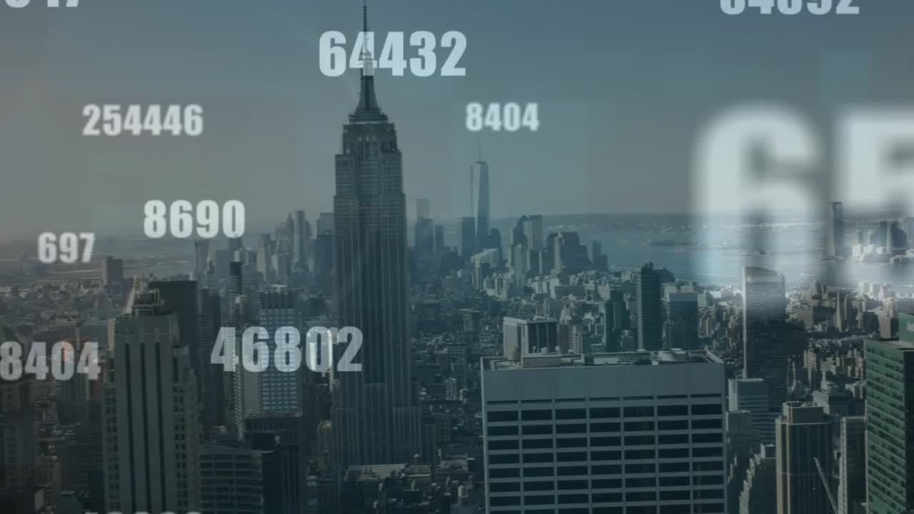 Animazione di numeri che cambiano su una vista aerea di un paesaggio urbano.