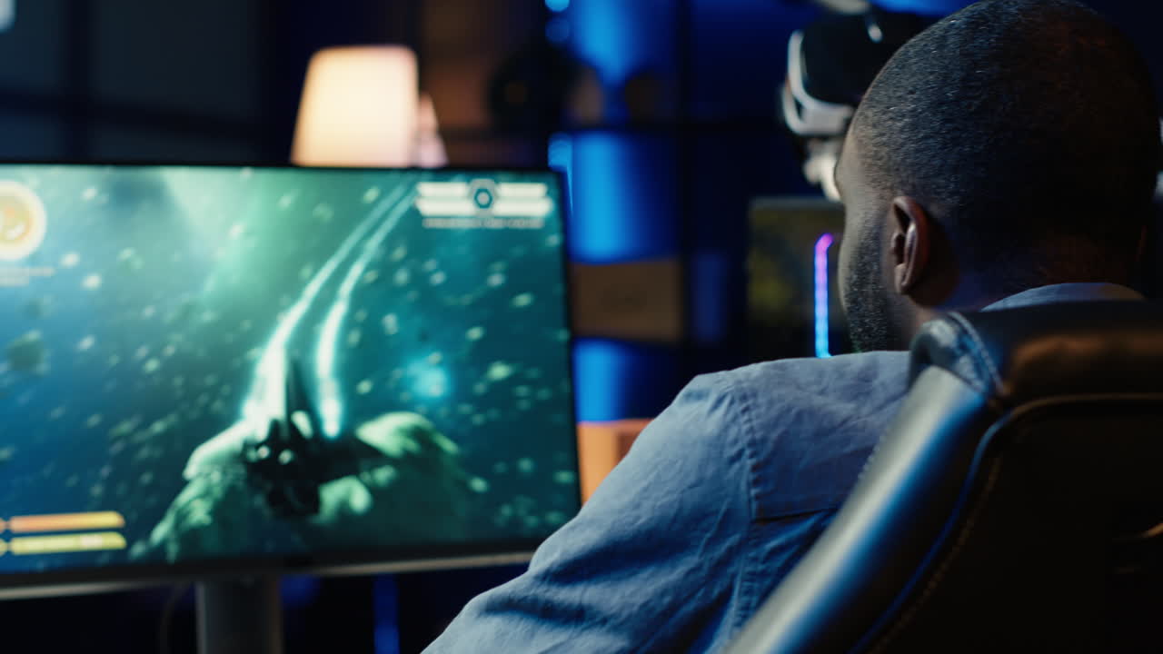 Close up of person navigating universe in simulation game on PC