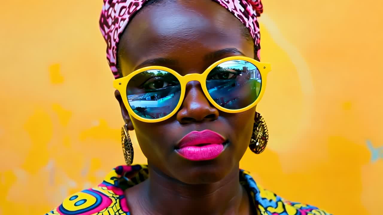 A woman wearing a colorful headband and yellow sunglasses