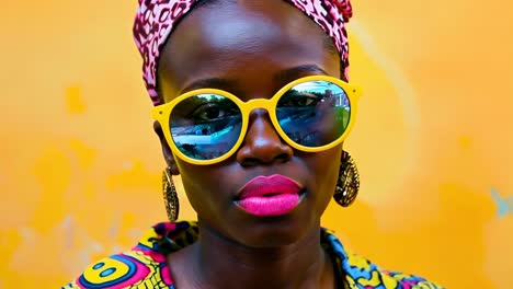 a woman wearing a colorful headband and yellow sunglasses