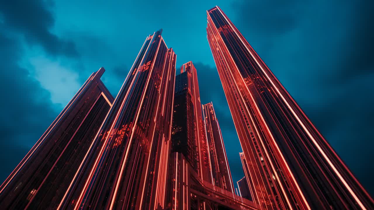 Beginning third frame high-rise towers receiving growing red neon outlines at dusk street level