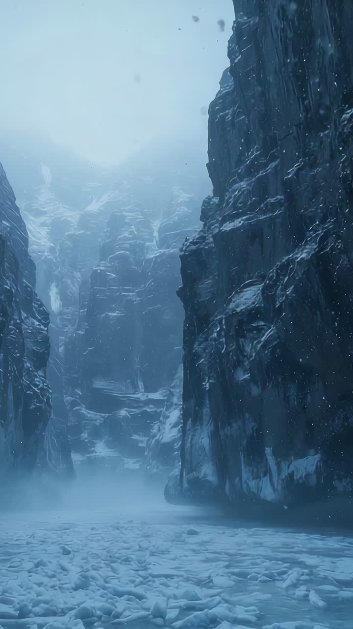 Vertical video: Drifting fog revealing narrow icy canyon in remote gorge, cracked ice floor showing