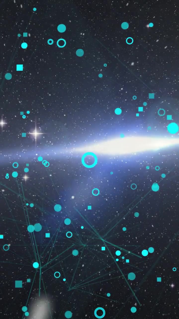 Video verticale: Particelle luminose in scia che si avviano, nodi turchesi che fluttuano e si collegano, mostrando dati.