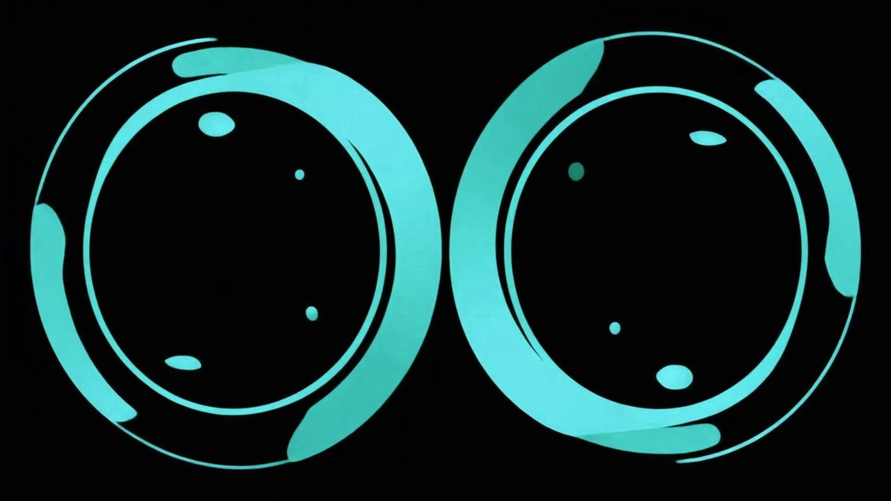 Abstracte animatie van twee gloeiende cyaan cirkels die roteren op een zwarte achtergrond