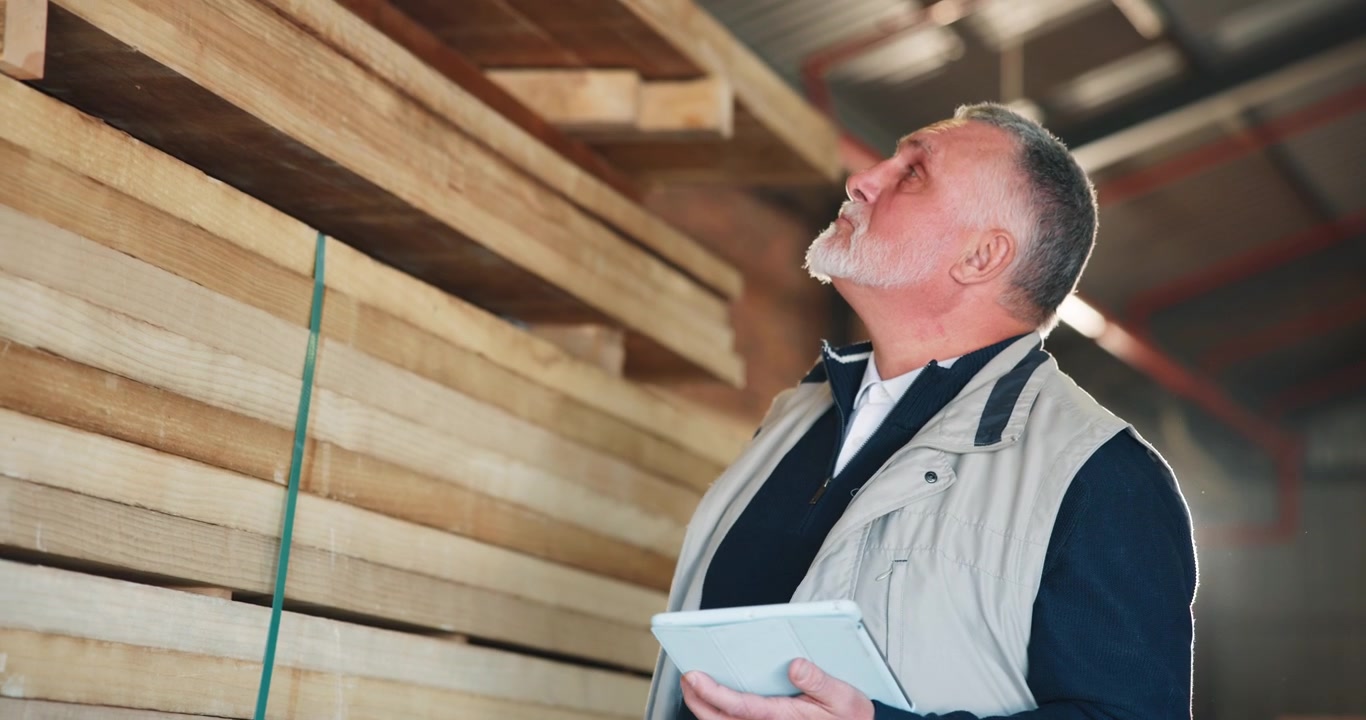 Senior Warehouse Manager Inspecting Lumber Inventory Using Digital Tablet