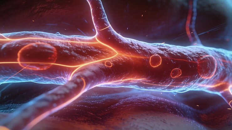 Camera moving along tube with orange core, blue halo in tissue, highlighting branching, vesicle