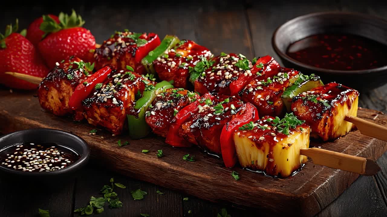 Lækre grillede spyd med kylling og ananas, glaceret med sød sauce, pyntet med friske krydderurter og ledsaget af jordbær for en levende præsentation.