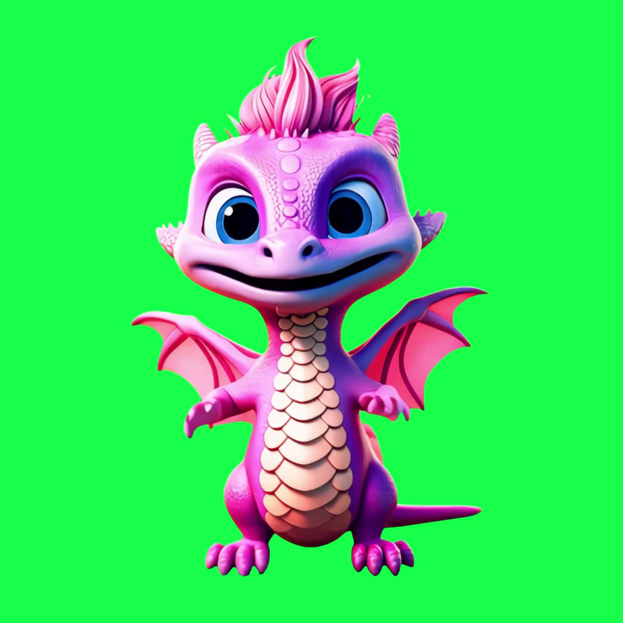 Cute pink cartoon dragon character animation, transparent 4K video, green screen