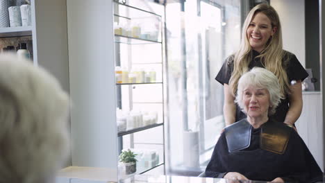 senior woman using mobile phone before discussing haircut with female stylist in hairdressing salon