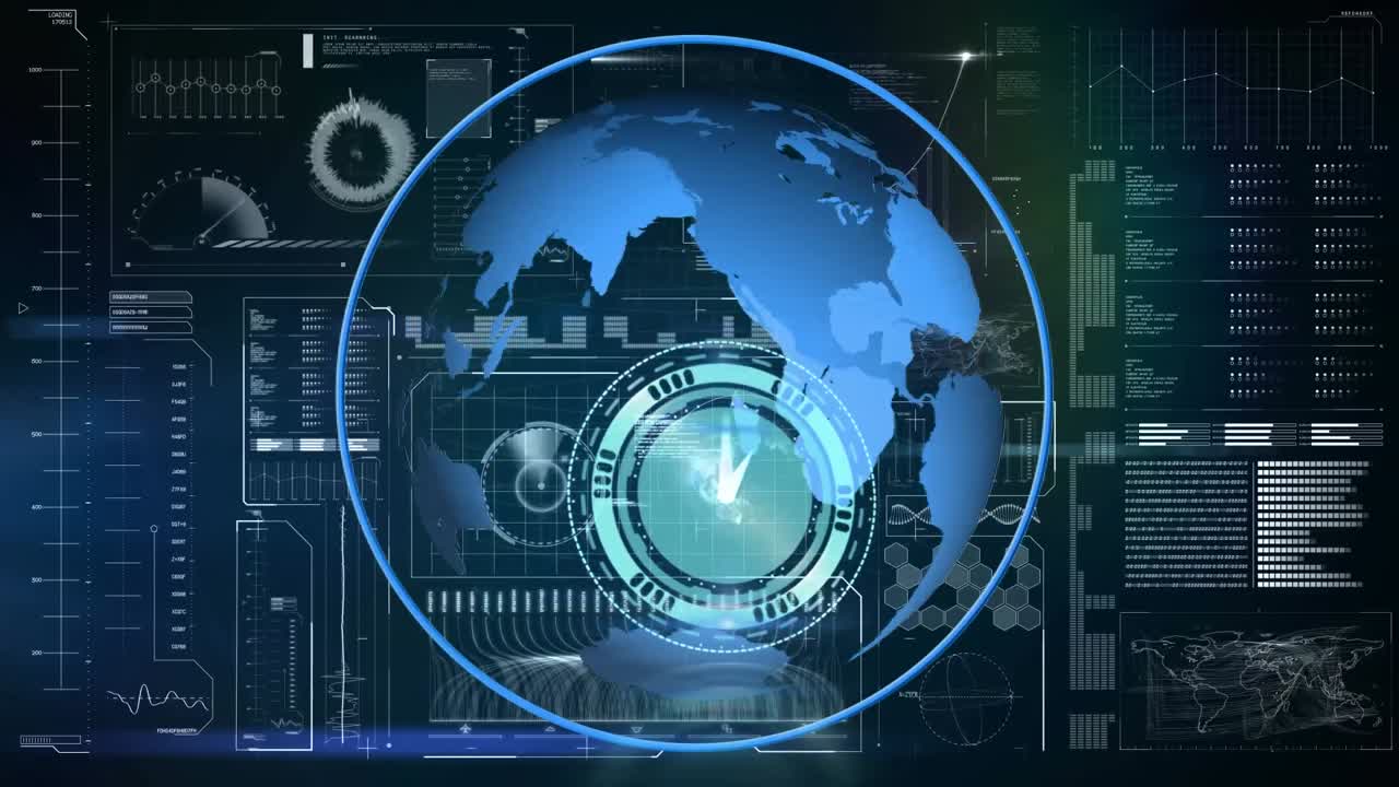 animación de relojes sobre el globo y procesamiento de datos en pantalla