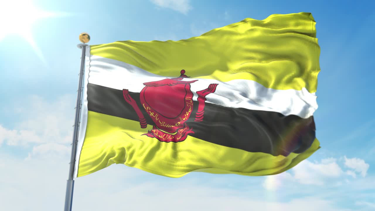 깊은 파란 하늘을 배경으로 바람에 흔들리는 브루나이 발, 국가 테마, 국제 개념, 3d 렌더링