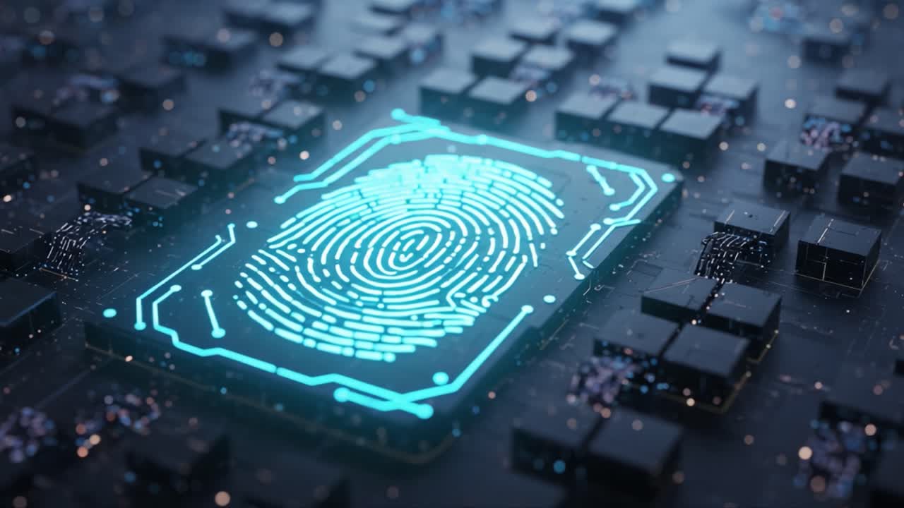 A Close-Up View of a Futuristic Fingerprint Scanner on a Chip-Laden Circuit Board with Blue Neon Elements Showcasing Advanced Security Technology