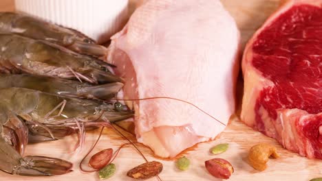Variety of meats, seafood, dairy, and nuts