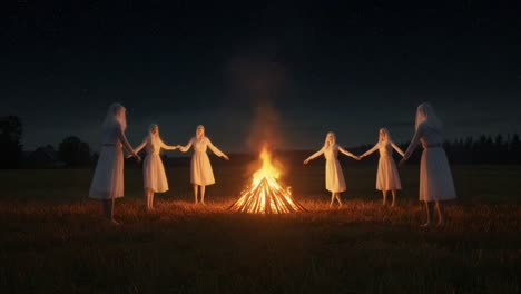 A Mysterious Gathering: Six Figures Dressed in White Dance Around a Flickering Bonfire Under Starry Skies, Creating an Enigmatic Atmosphere of Ritual and Unity