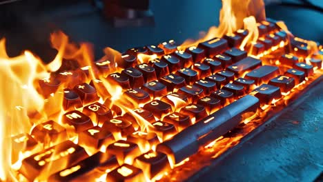 a computer keyboard on fire on a metal surface