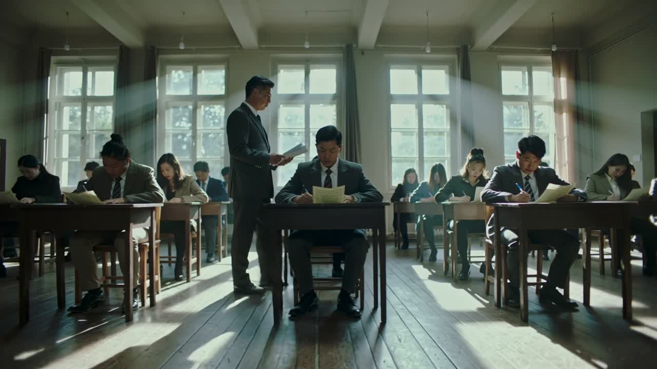 Walking suited proctor starting down center aisle in classroom, supervising front student's exam