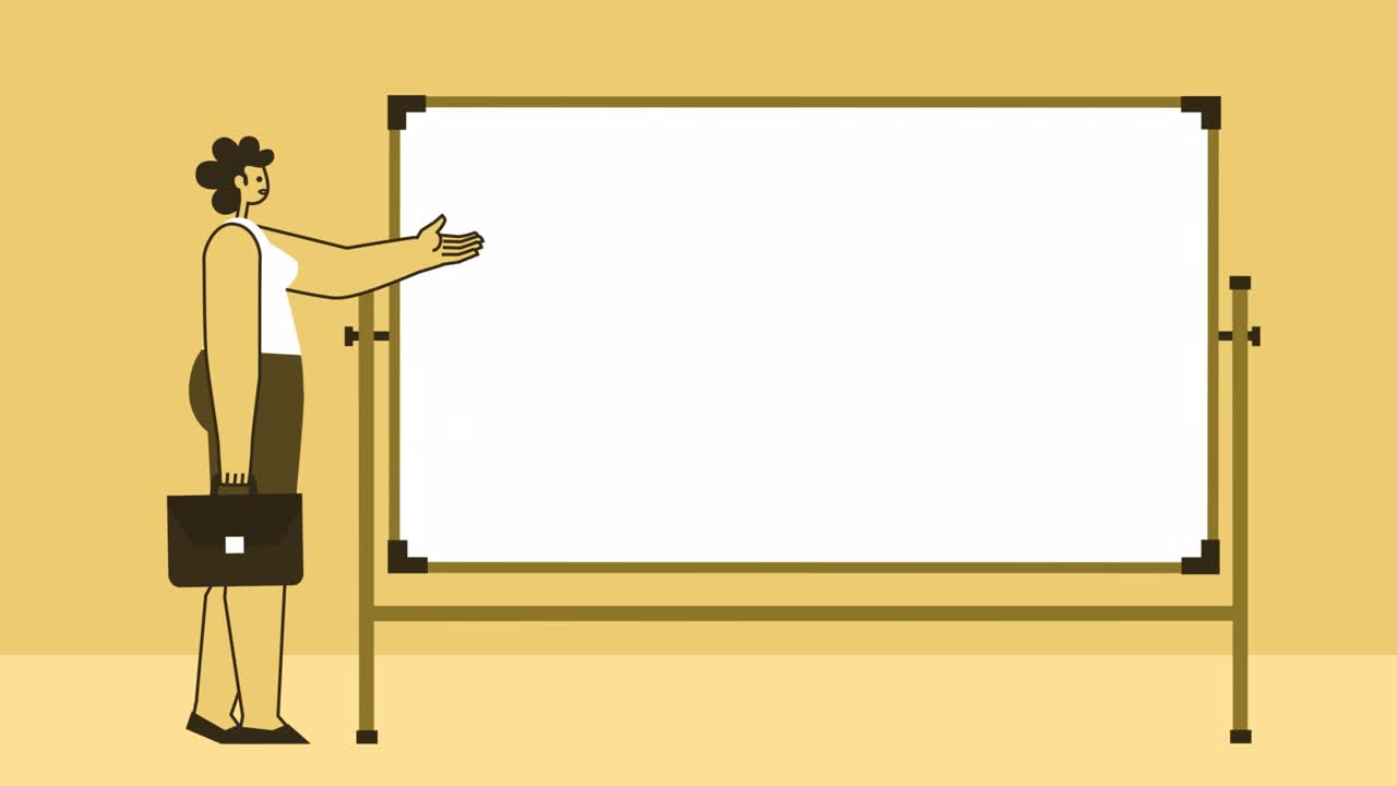 mujer de estilo amarillo con maletín altavoz de carácter plano cerca del tablero blanco animación de bucle aislado con canal alfa