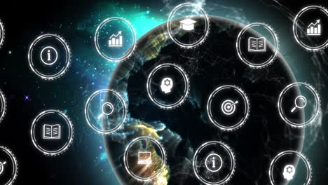 animation of icon in circles over connected dots around rotating globe against black background