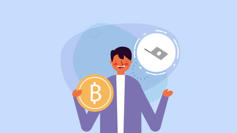 trabajador de negocios con bitcoin y bolsa de dinero