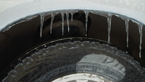 close-up of car tyre covered with ice and icicles during winter, highlighting frozen details, snow-covered arch, and visible shock absorber, capturing the harsh cold and seasonal atmosphere