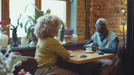 african american couple talking on coffee meeting in cafe