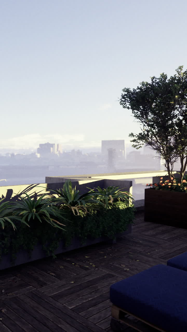 Panorama urbano da un giardino pensile con piante e posti a sedere di giorno.