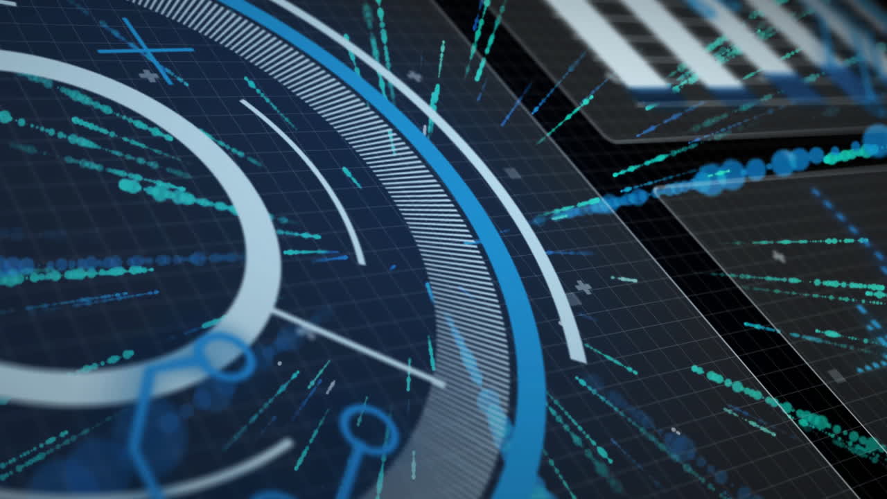 In animation, futuristic digital interface with blue patterns visualizing data