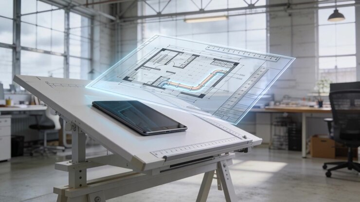 Blue-glowing tablet raising hologram plan with grid and duct above drafting table in studio for CAD